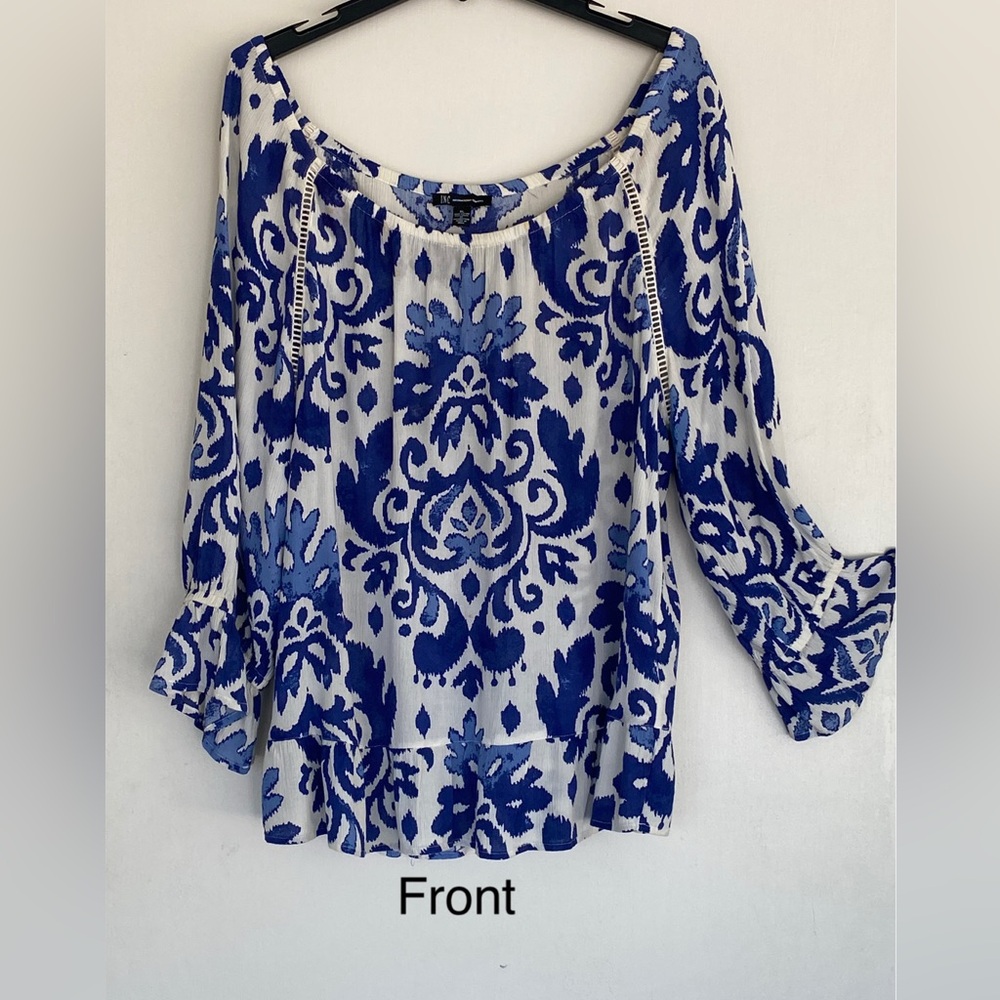 INC International Concepts Blue Ruffled 3/4 Sleeve Blouse